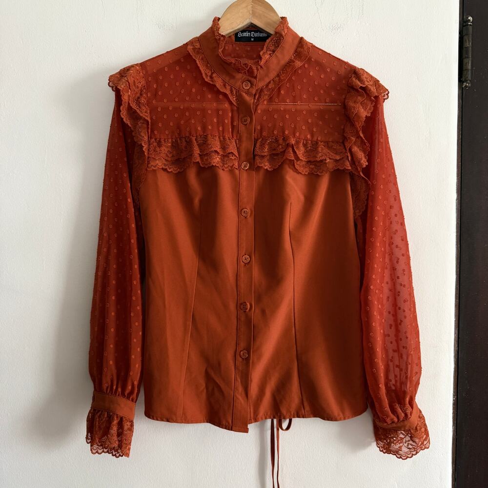 SCARLET DARKNESS Burnt Orange Victorian Style Lace Yoke Lace up Blouse Medium